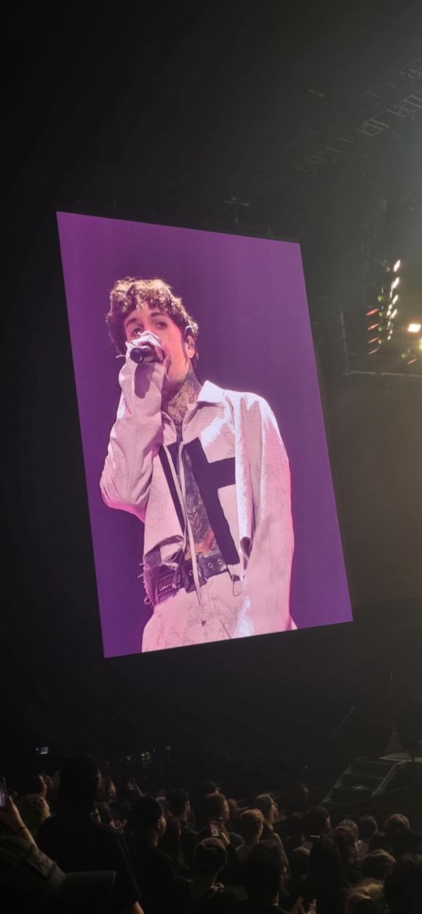 A performer singing on stage, visible on a large screen, with a crowd engaging below.
