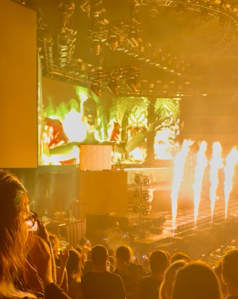 A lively concert scene featuring a crowd enjoying a performance with vibrant lighting and pyrotechnics.