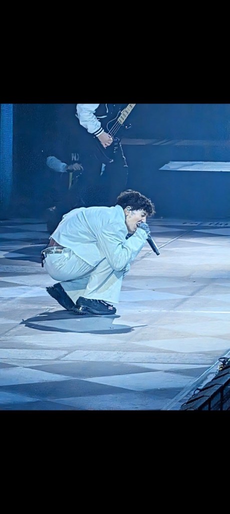 A singer crouches on stage during a live performance, holding a microphone with a guitarist in the background.